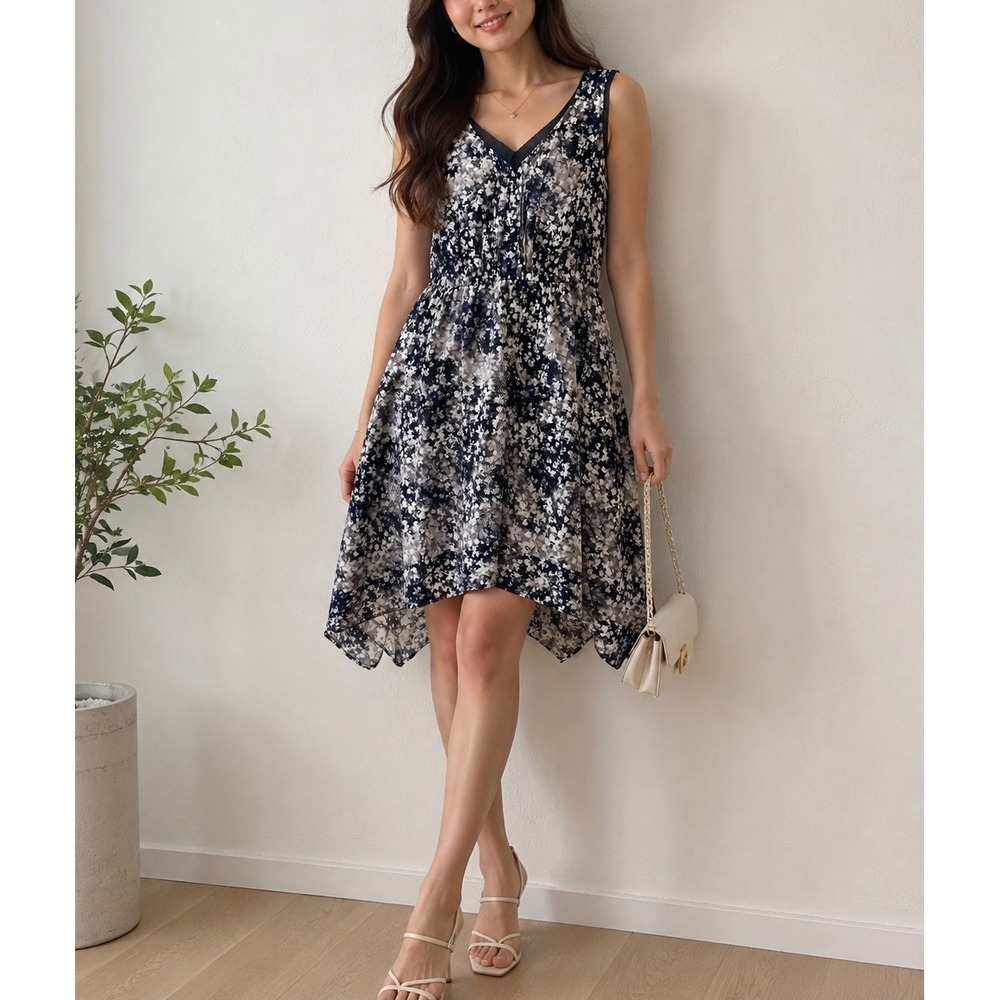 Simply‎ Vera Vera Wang Floral Handkerchief Hem Dress Blue Grey Women's Small S